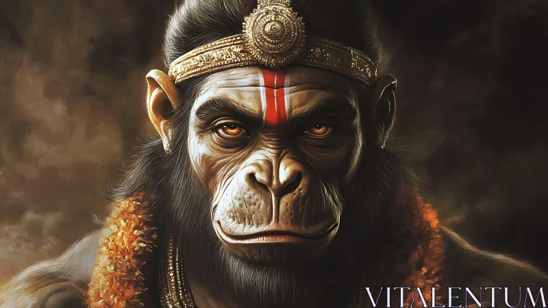 Simian deity portrait with gold crown and facial marking.