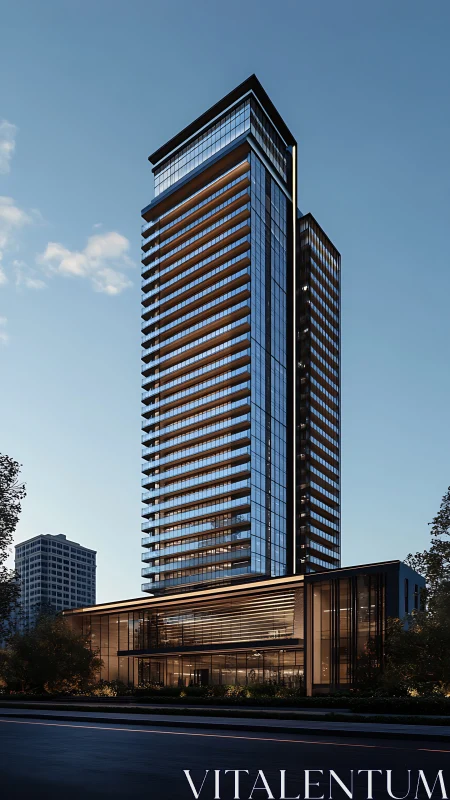 Modern glass high-rise tower with illuminated balconies at dusk.