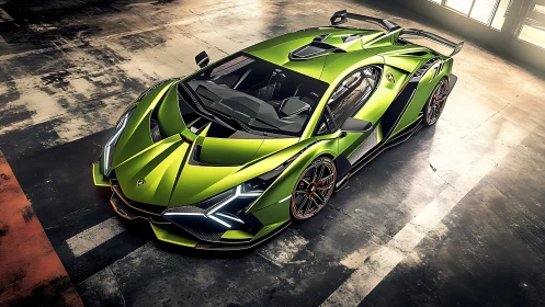 Neon green hypercar rendered with cinematic overhead lighting.