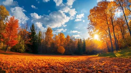Wide forest clearing shows autumn foliage under direct sunlight