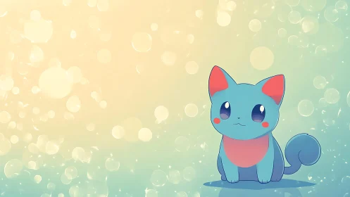 Blue cartoon cat on pastel bokeh gradient background.