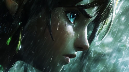 Stoic anime heroine endures driving rain and turmoil.