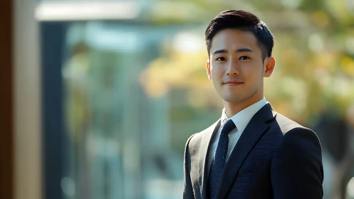 Confident young professional framed in sunlit urban calm.