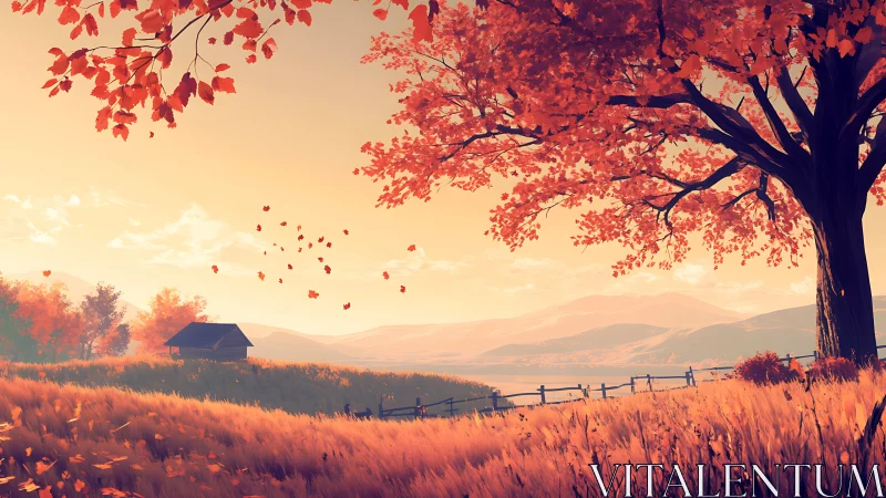 Autumn hillside landscape with stylized warm lighting and depth cues