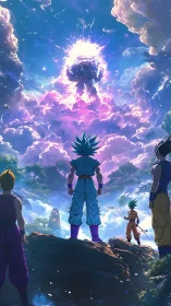 Heroes stand united beneath a glowing cosmic challenger.