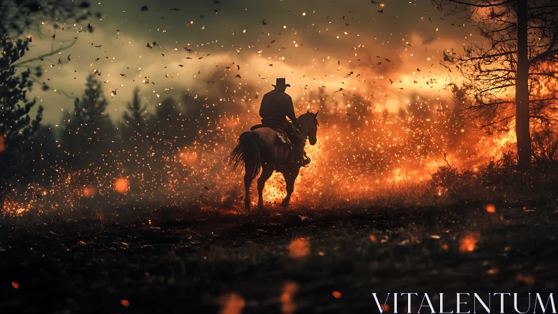 Cowboy's Fiery Gallop Through Inferno Landscape.