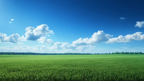 Endless emerald meadow under drifting cotton sky.
