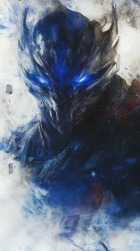 Dark armored alien figure with intense blue glowing eyes.