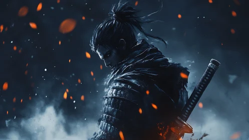 Emberlit ronin profile in volumetric smoke and steel dusk.