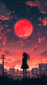 Silhouetted girl beneath crimson moon over neon city twilight.