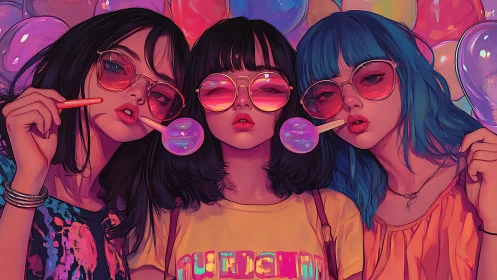 Digital painting portrait of three girls with neon lollipops.