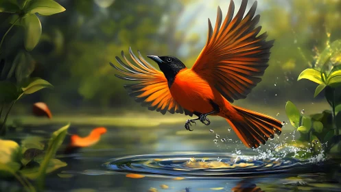 Vibrant orange bird in flight over water, digital nature artwork.