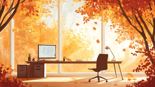 Office workstation faces large windows with autumn foliage