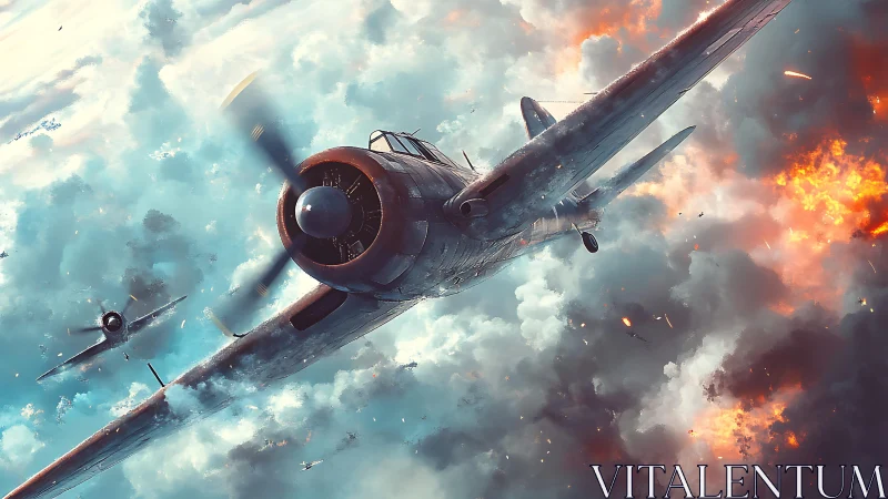 Radial engine fighter diving through exploding storm clouds