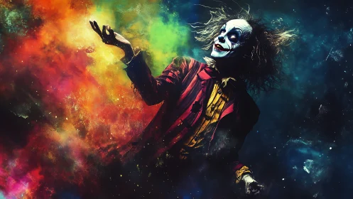 Clown figure stands in multicolored particulate cloud field