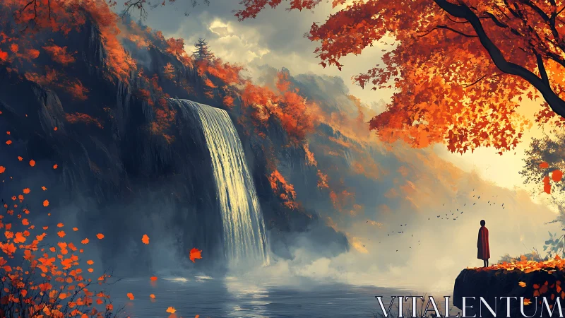 Autumn cloaked waterfall vista in atmospheric digital painting.