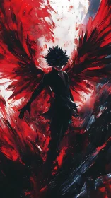 Dark winged figure stands in center of red abstract burst