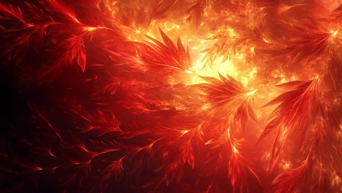 Fractal red feather shapes surrounding bright central light.