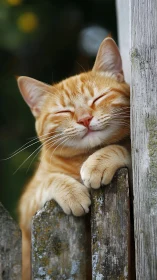Ginger Tabby Cat Resting Against Weathered Wood Frame Surface