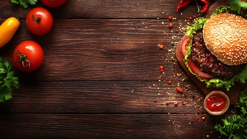 Top-down view analyzes grilled burger with sesame bun and fresh produce