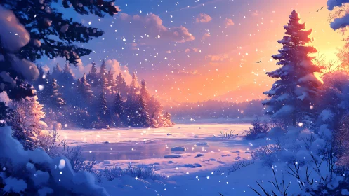 Snow-laden conifer forest surrounds a frozen lake at sunset