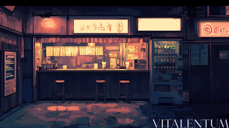 Neon lit ramen stand with stools and street vending machines.