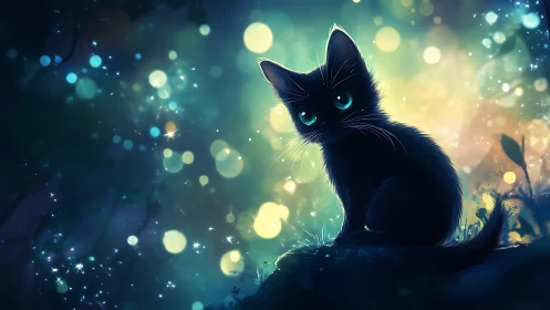 Black Cat with Glowing Blue Eyes in Magical Bokeh Setting.