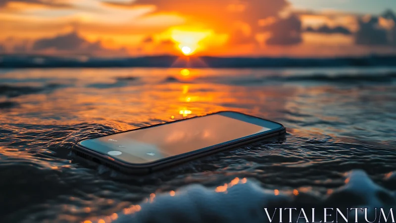 Smartphone lying in shallow seawater at vivid sunset.