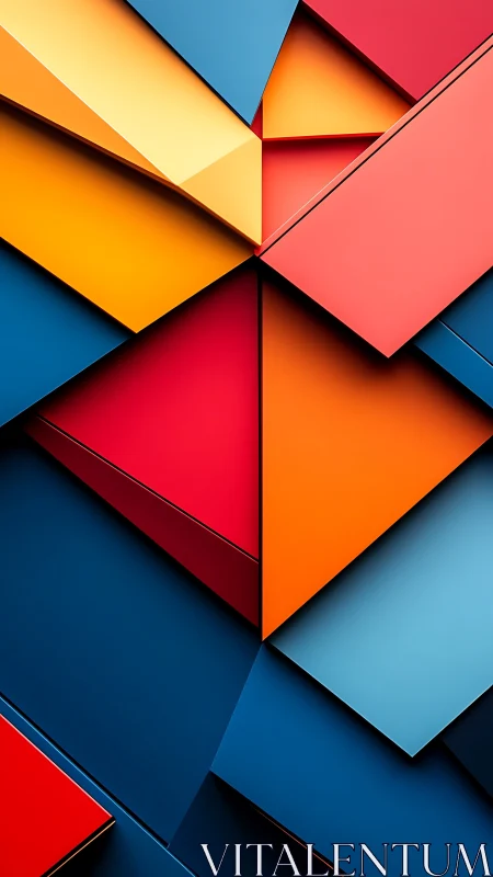 Geometric layered abstraction in bold primary colors.