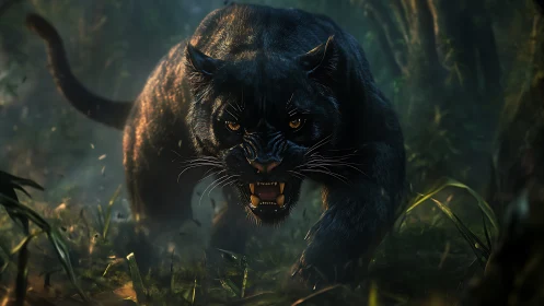 Black Panther Snarling in Jungle.