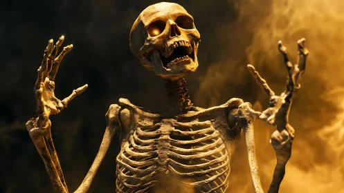 Flaming-eyed skeleton rises laughing through alchemical smoke.