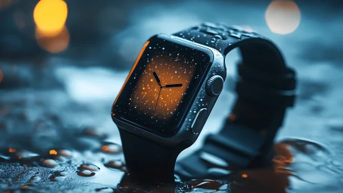 Smartwatch with wet strap on reflective blue surface.