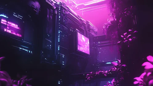 Futuristic corridor with neon displays and dense foliage.