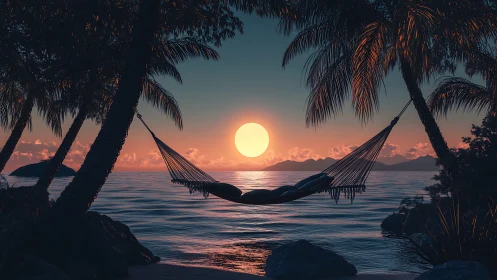 Hammock between palm trees facing low sun over calm sea.