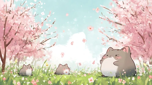 Chubby cats relax under cherry blossoms in soft spring meadow