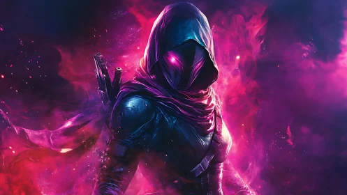 Hooded cyber assassin in neon magenta volumetric nebula field