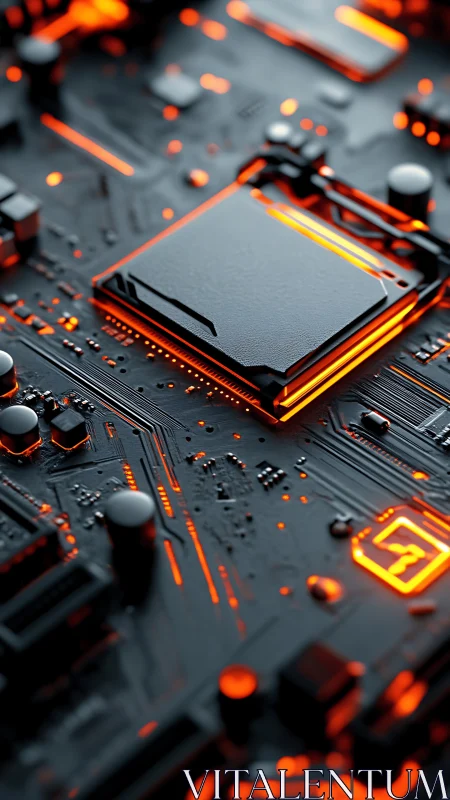 Cyberpunk motherboard close-up with luminous circuit layering.
