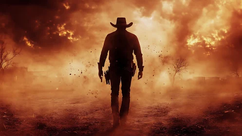Silhouetted cowboy walks through burning, dust-filled wasteland