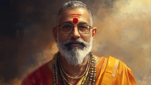 Digital portrait of Hindu spiritual elder in saffron robes