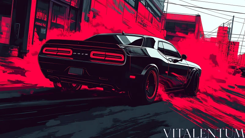 High-contrast muscle car drift with red smoke in urban alley