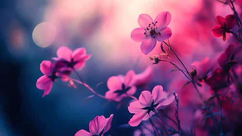 Pink cosmos flowers backlit by blue bokeh background