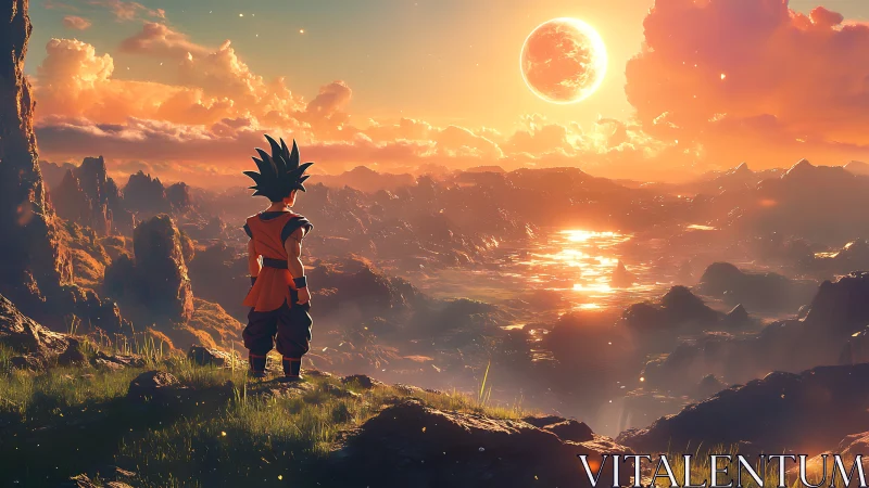 Saiyan warrior overlooks molten sunset over alien valley