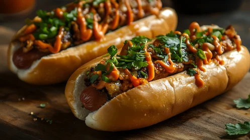 Gourmet grilled hot dogs with herb garnish and sauce drizzles.