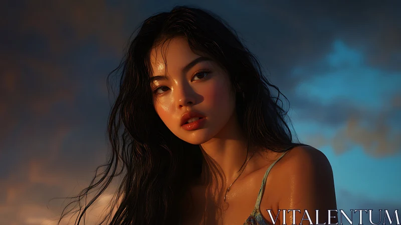 Sunlit portrait of young woman against moody evening sky.