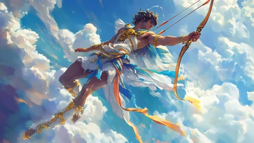 Celestial archer mid-flight in luminous stratiform cloudscape.