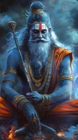Blue-skinned ascetic deity in fiery cosmic meditation.