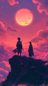 Twin cloaked silhouettes on cliff beneath oversized sunset