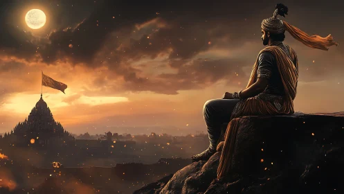 Warrior king at dusk overlooking fortress temple panorama.