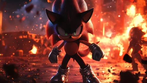 Ember-charged hedgehog warrior strides through blazing ruins.