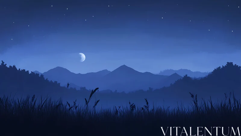 Crescent moon over layered mountains and silhouetted grasses.